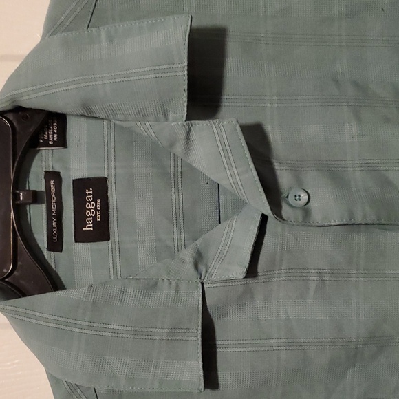 Haggar Luxury Microfiber Men's Green Plaid Button Down Short Sleeve Shirt- Large - Picture 3 of 7